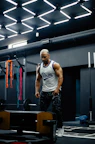 A man standing in a gym holding a barbell