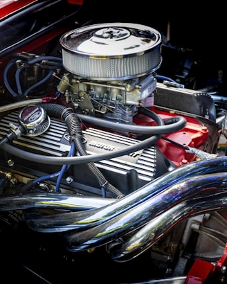 A close up of the engine of a car