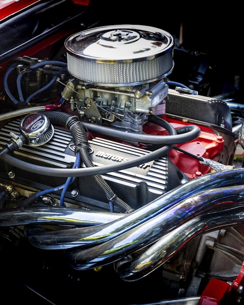 A close up of the engine of a car