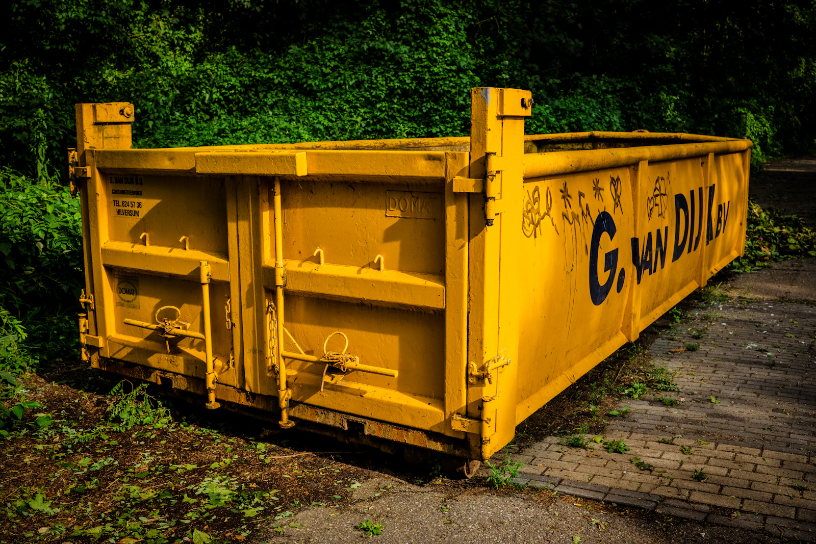 Real dumpster positioned at the side of a road, ready for a Tampa-area project