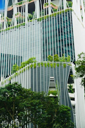 A very tall building with a bunch of trees in front of it