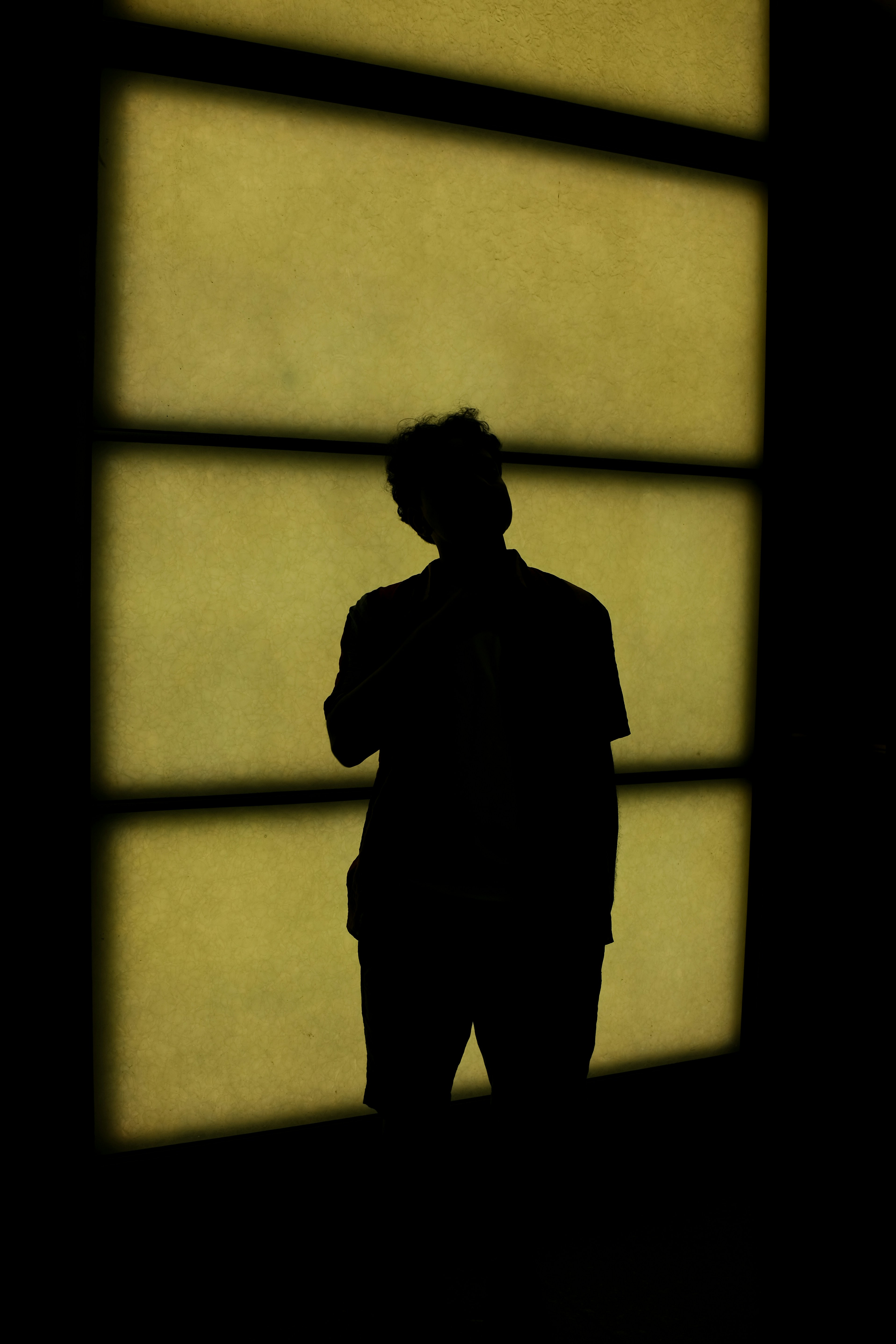 A silhouette of a person standing in front of a window