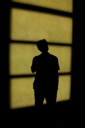 A silhouette of a person standing in front of a window