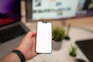A person holding a cell phone in front of a computer