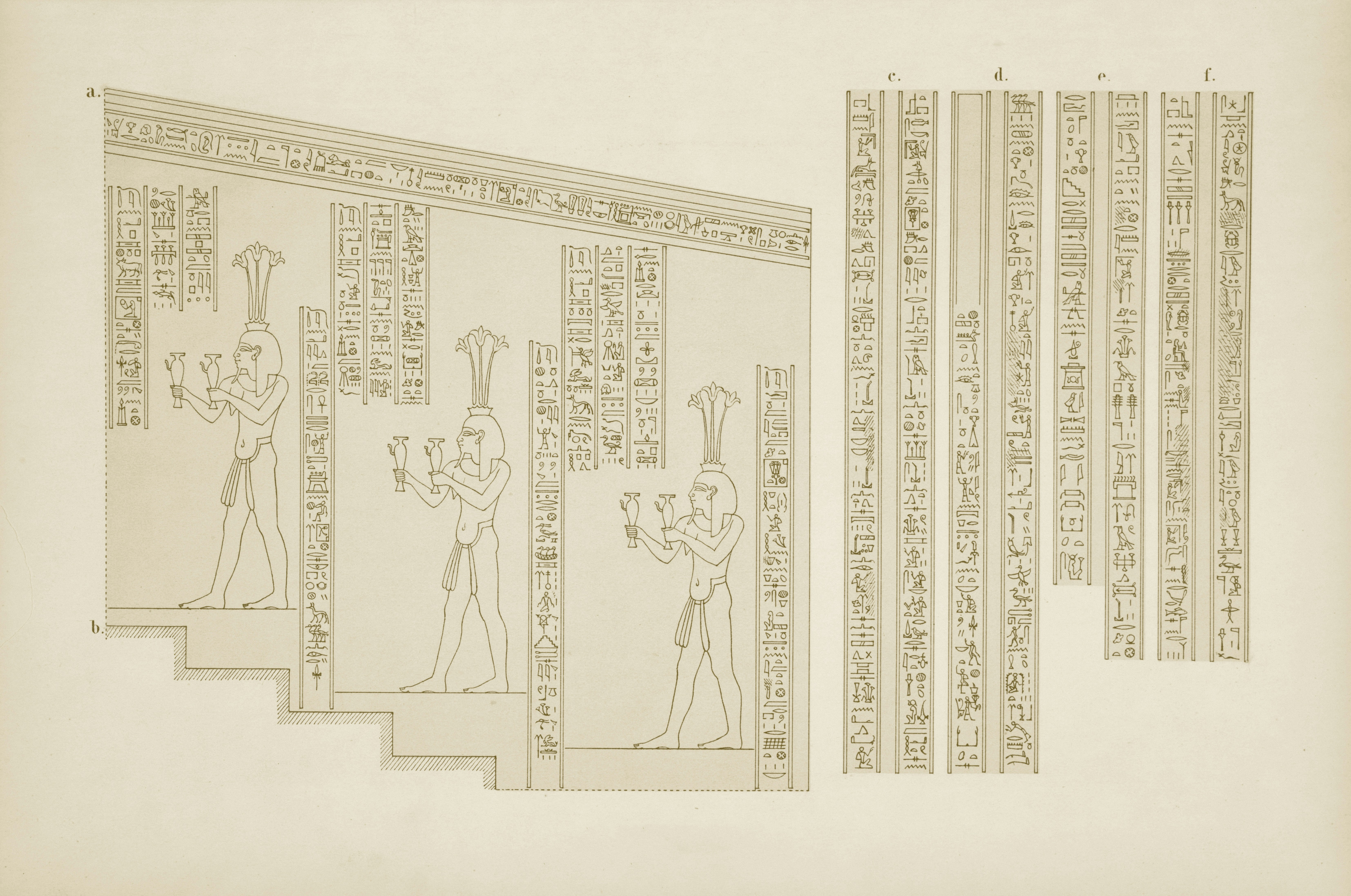 Ancient egyptian hieroglyphs and figures on a wall