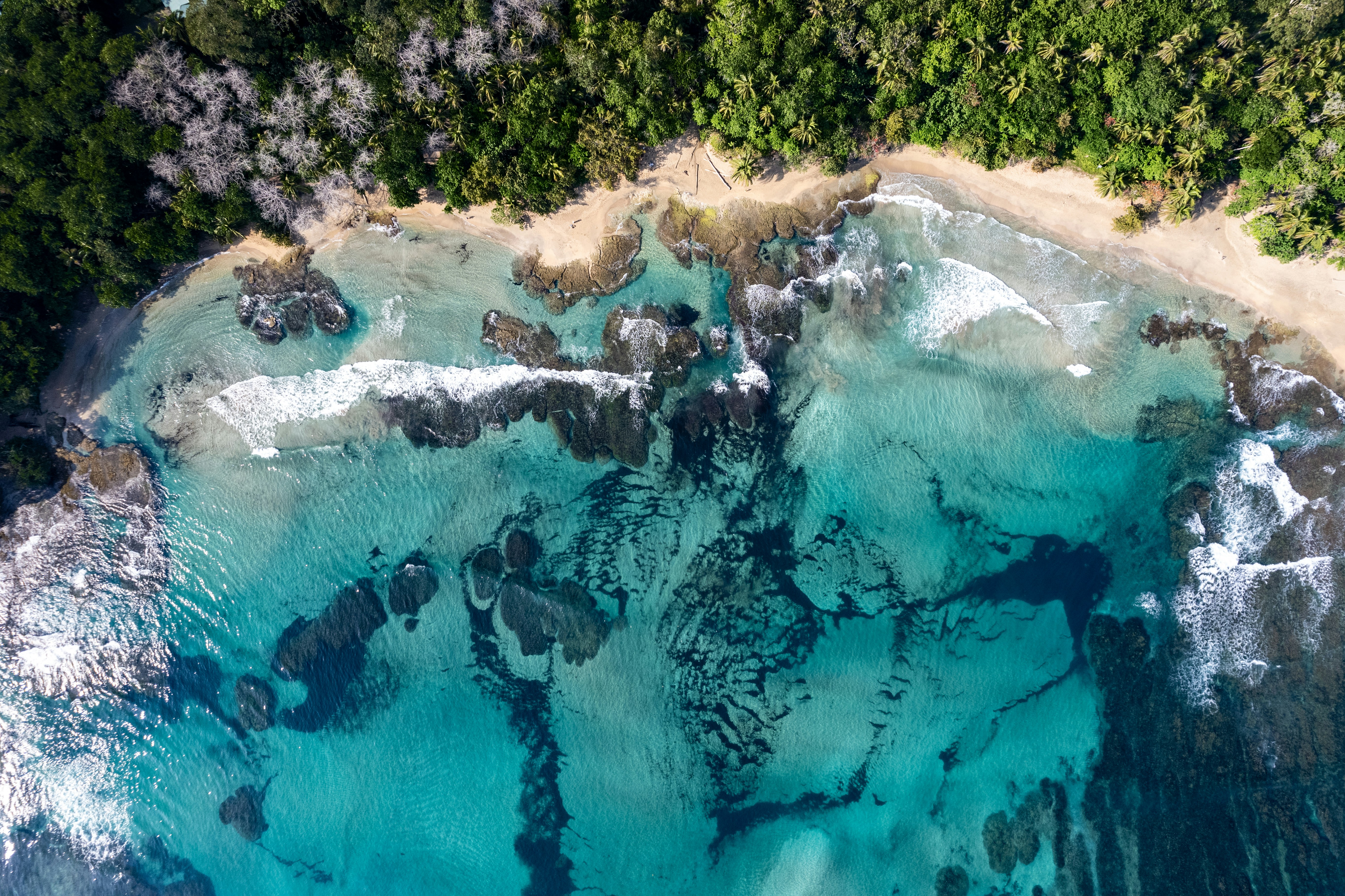 An aerial view of a tropical island in the ocean