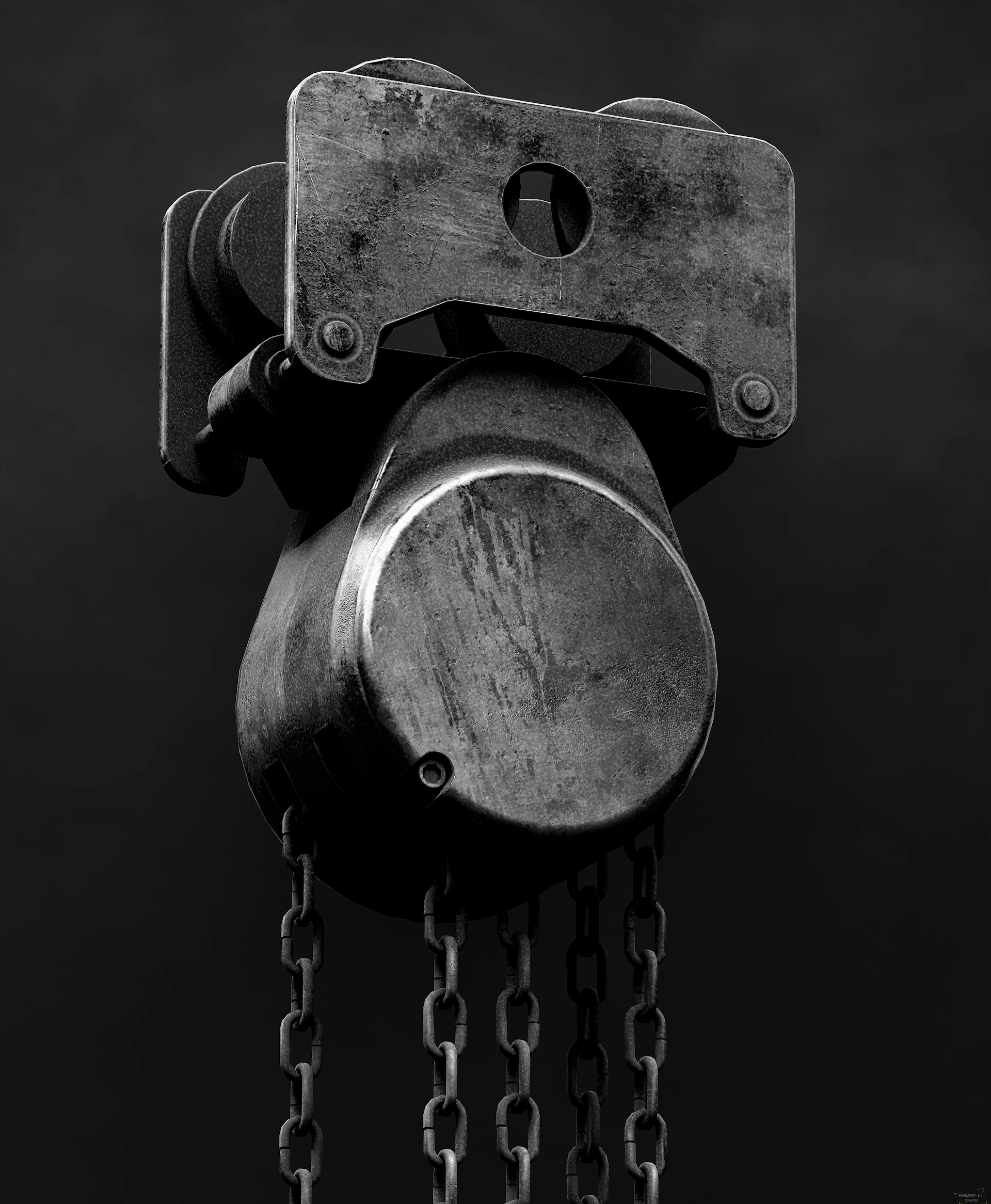 A black and white photo of a chain hoist