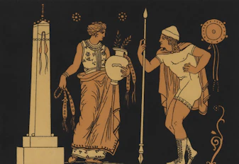 Two figures in ancient greek attire with a column