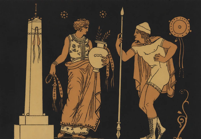 Two figures in ancient greek attire with a column