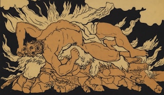 A muscular man wrestling a beast amidst flames and smoke.