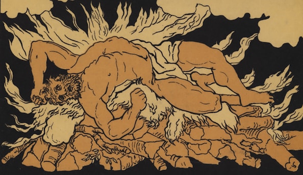 A muscular man wrestling a beast amidst flames and smoke.
