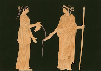 Two ancient greek women pouring liquid from a jug.