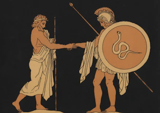 Two ancient greek warriors shaking hands