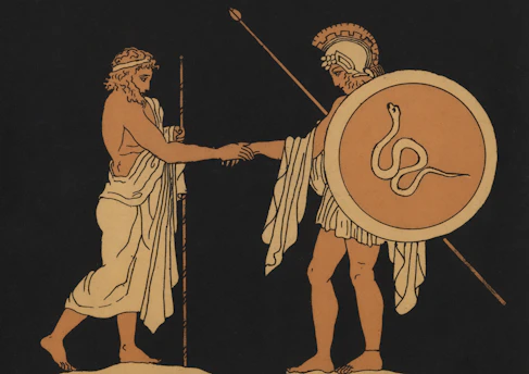 Two ancient greek warriors shaking hands