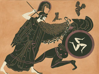 Ancient greek figures in combat with birds overhead