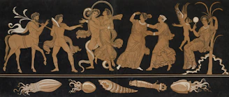 Ancient greek figures and marine life in decorative frieze.