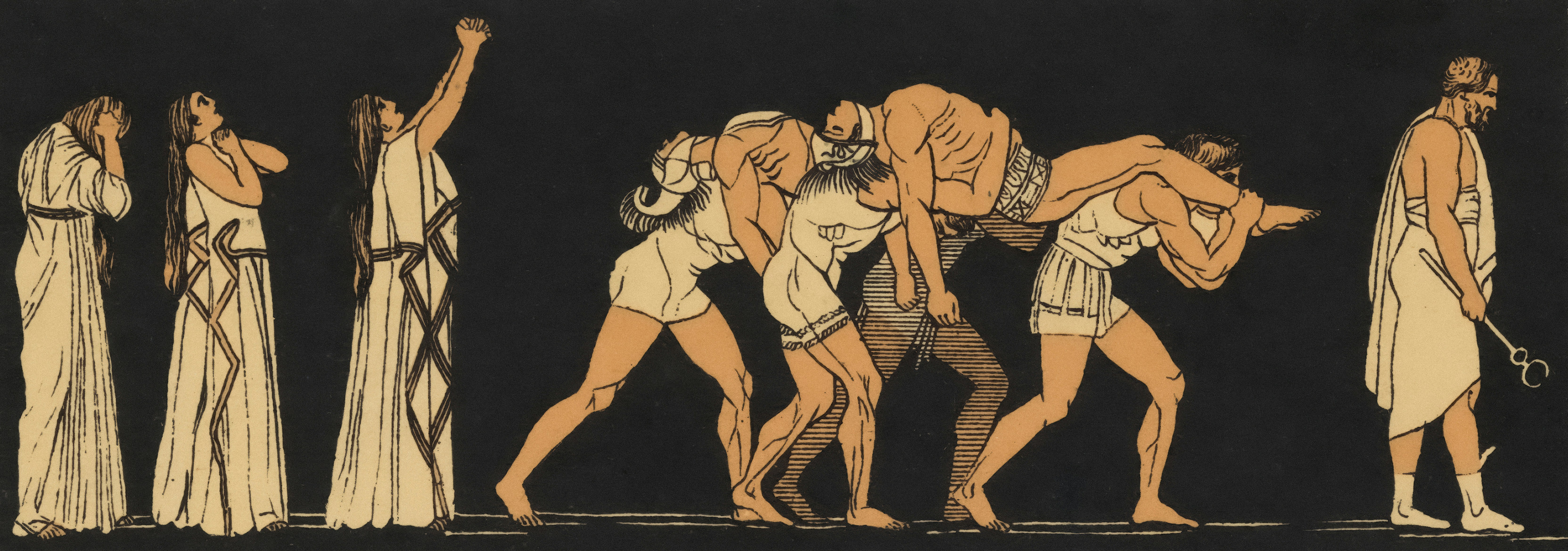 Ancient figures in procession carrying a fallen comrade.