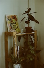 A shelf with a potted plant on top of it