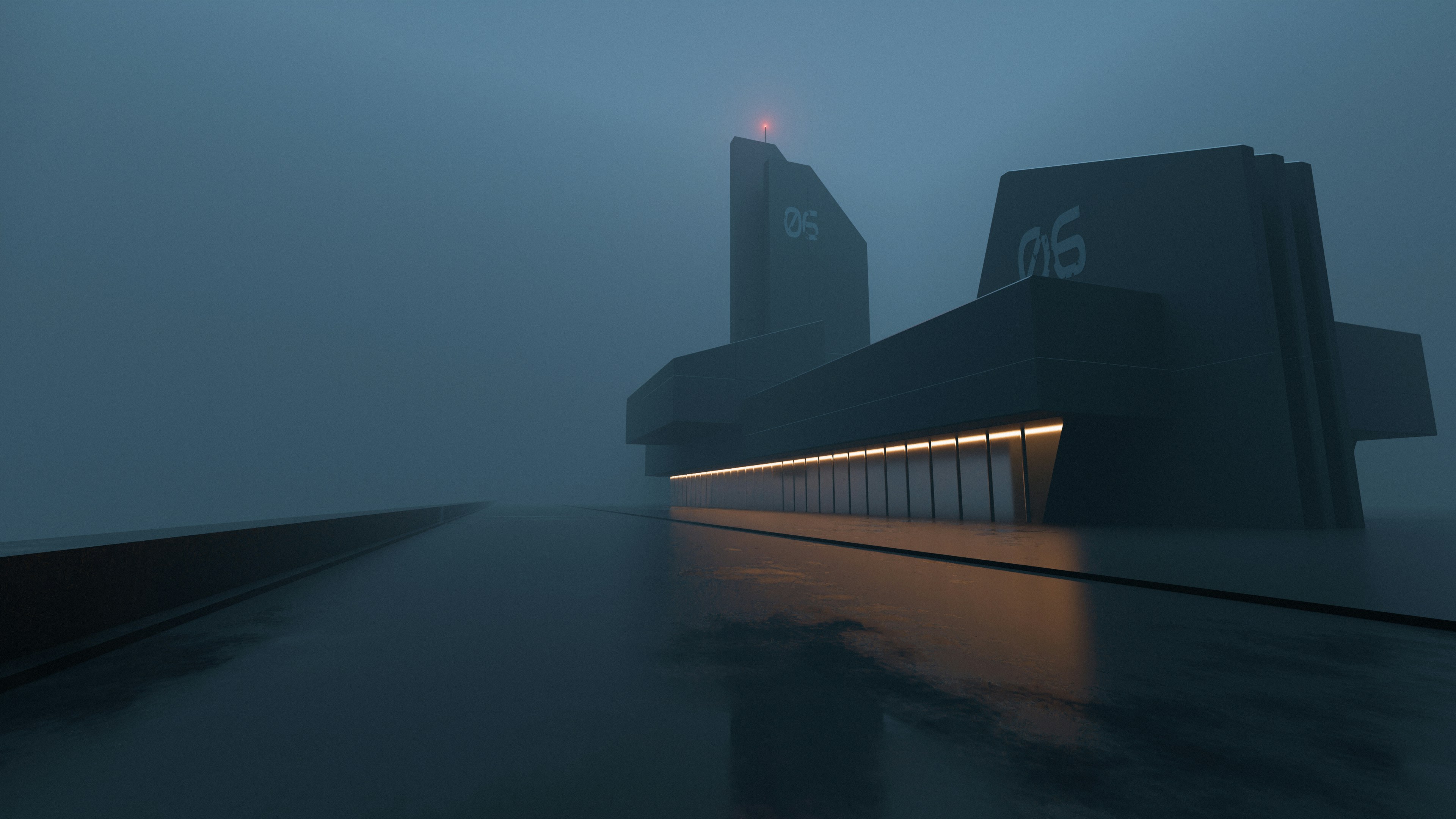 A computer generated image of a building on a foggy day