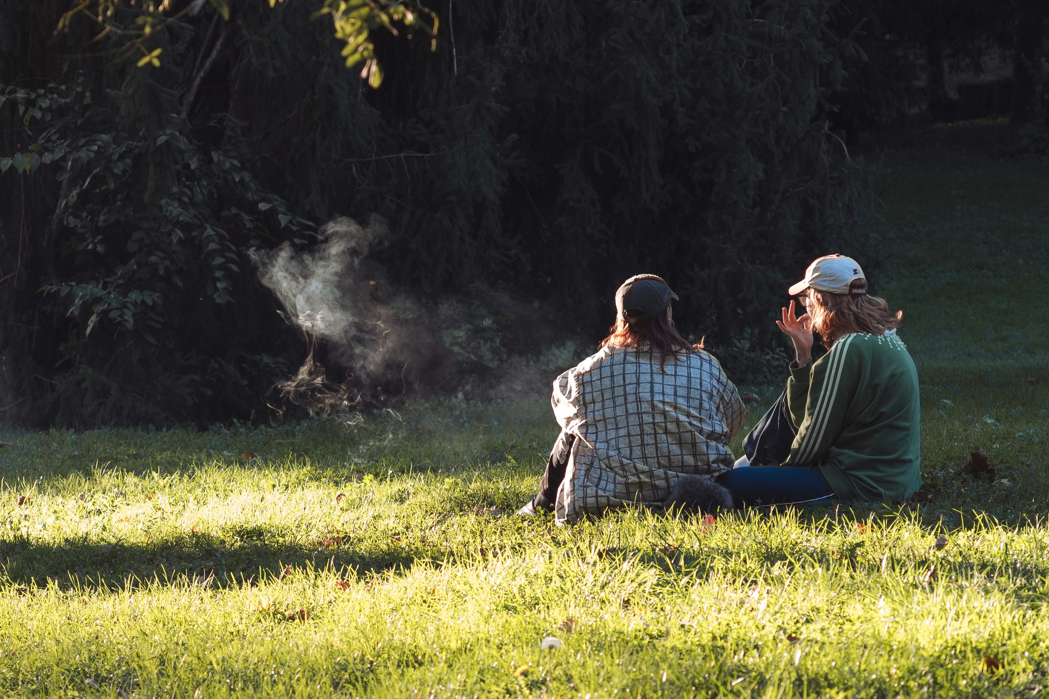 A couple of people sitting on top of a lush green field