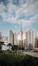 A view of a city with tall buildings