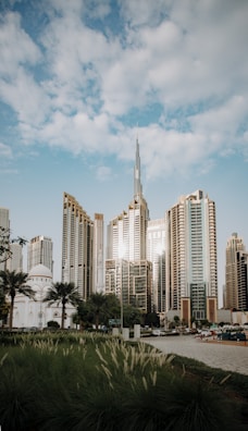 A view of a city with tall buildings