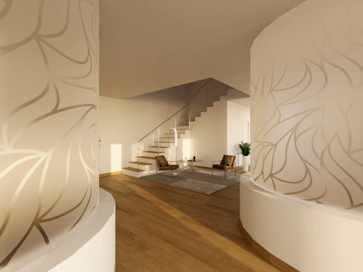 A room with a staircase and a plant on the wall