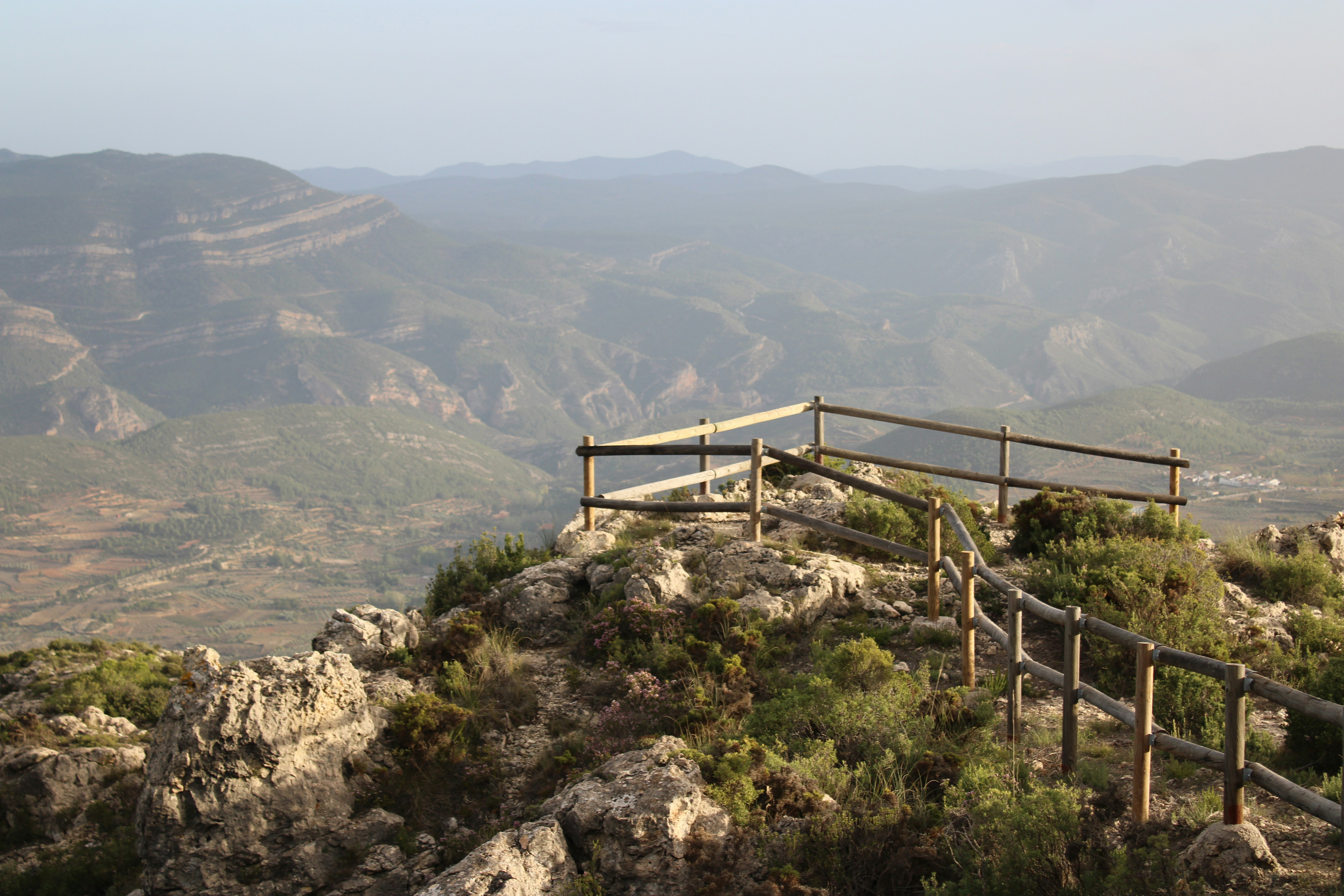 A wooden bench sitting on top of a lush green hillside