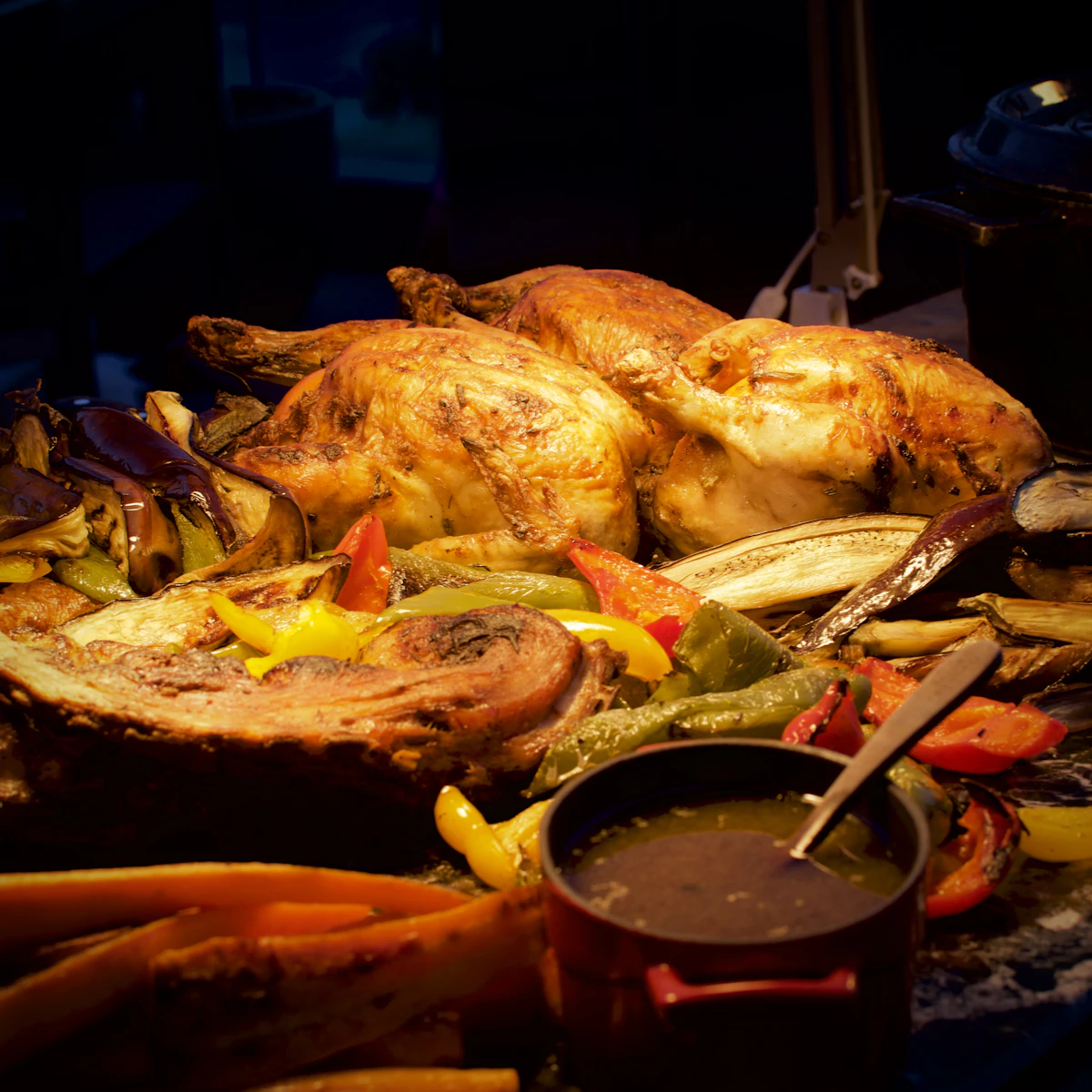 Roasting pan with roast chicken and vegetables