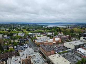 An aerial view of a city with a lake in the background