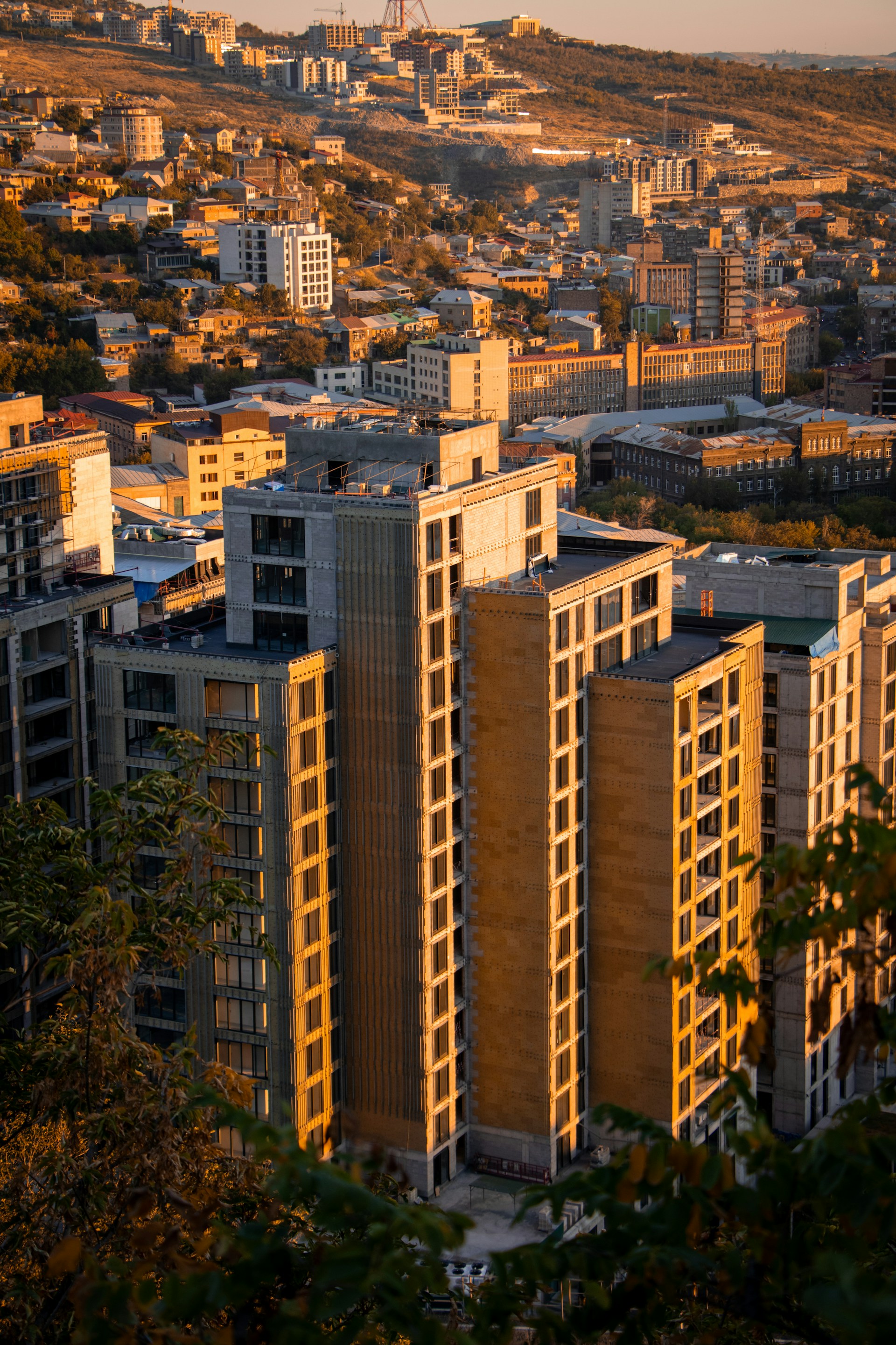A view of a city with tall buildings