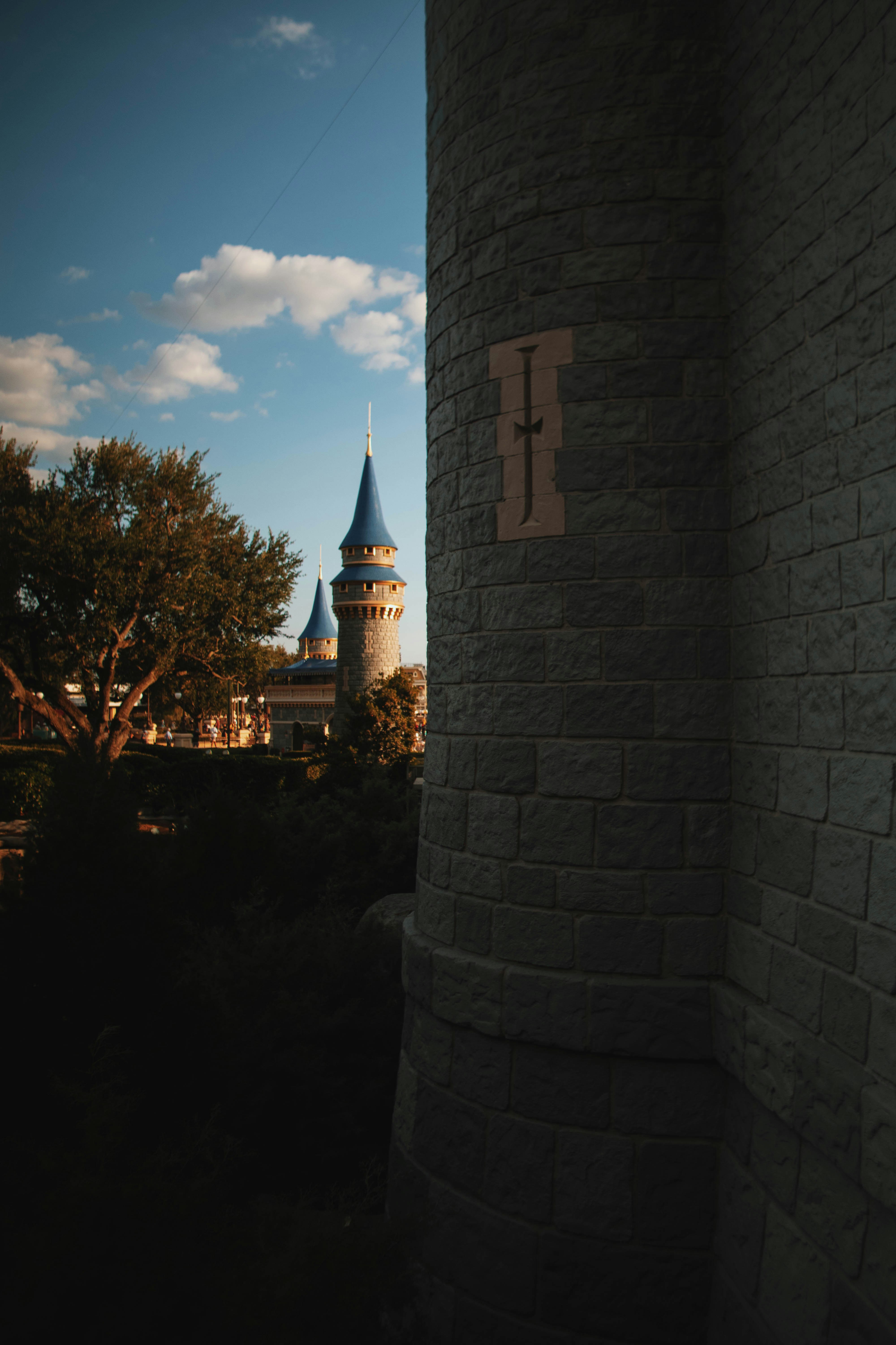 A castle with a clock tower in the background