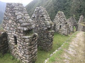 A group of stone buildings sitting on top of a lush green hillside