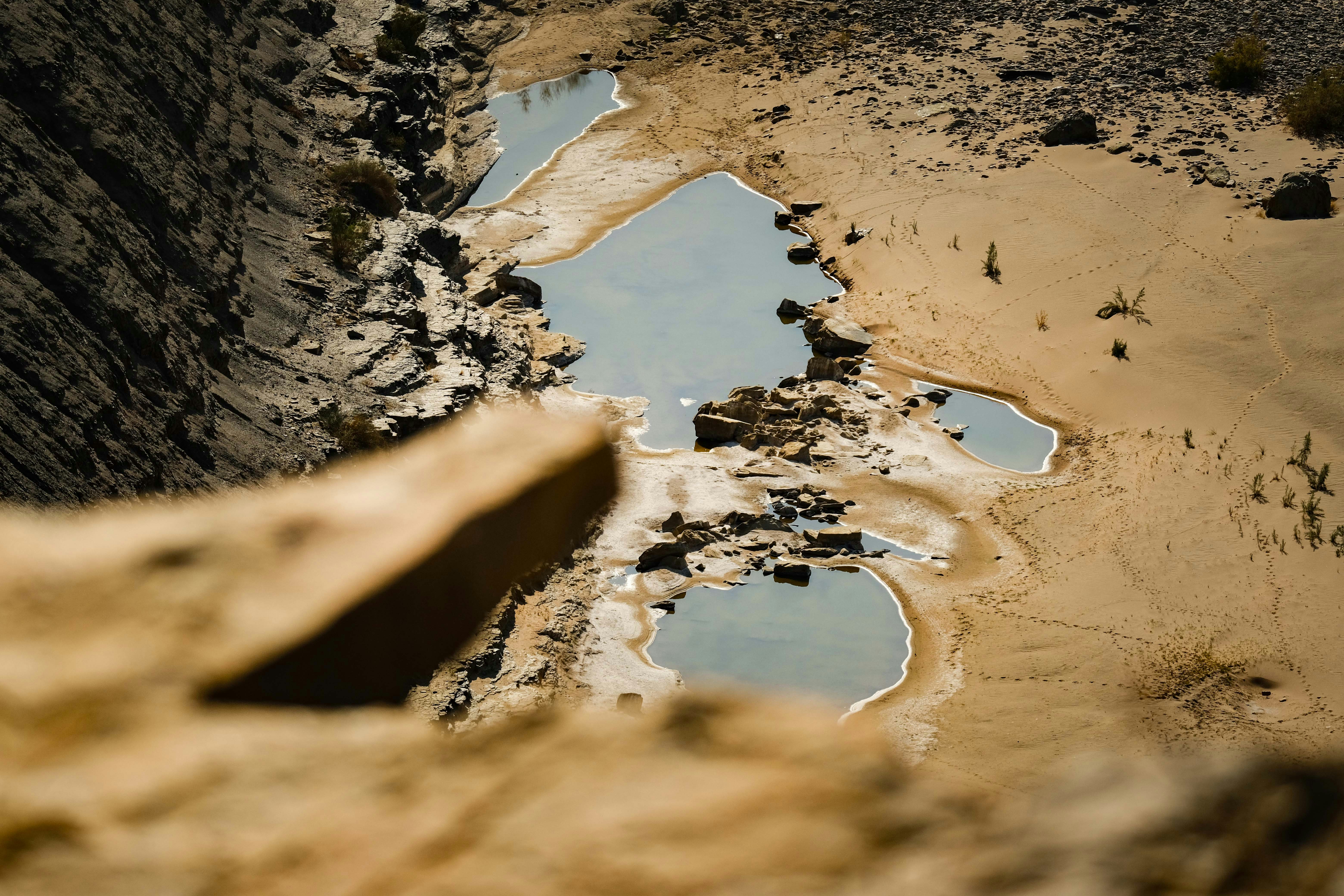 A puddle of water sitting in the middle of a dirt field