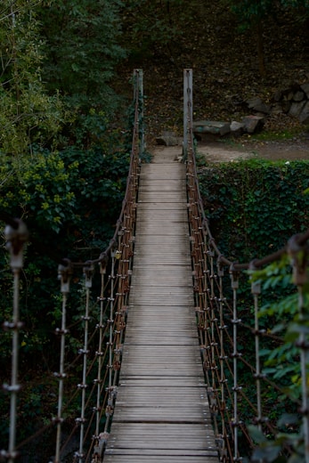 A wooden suspension bridge over a river in the woods