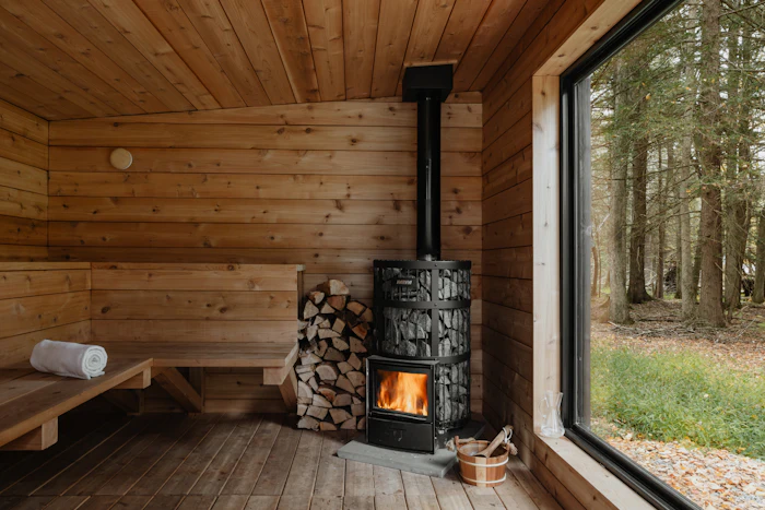 Sauna heater stove with stacked firewood inside a cedar sauna cabin