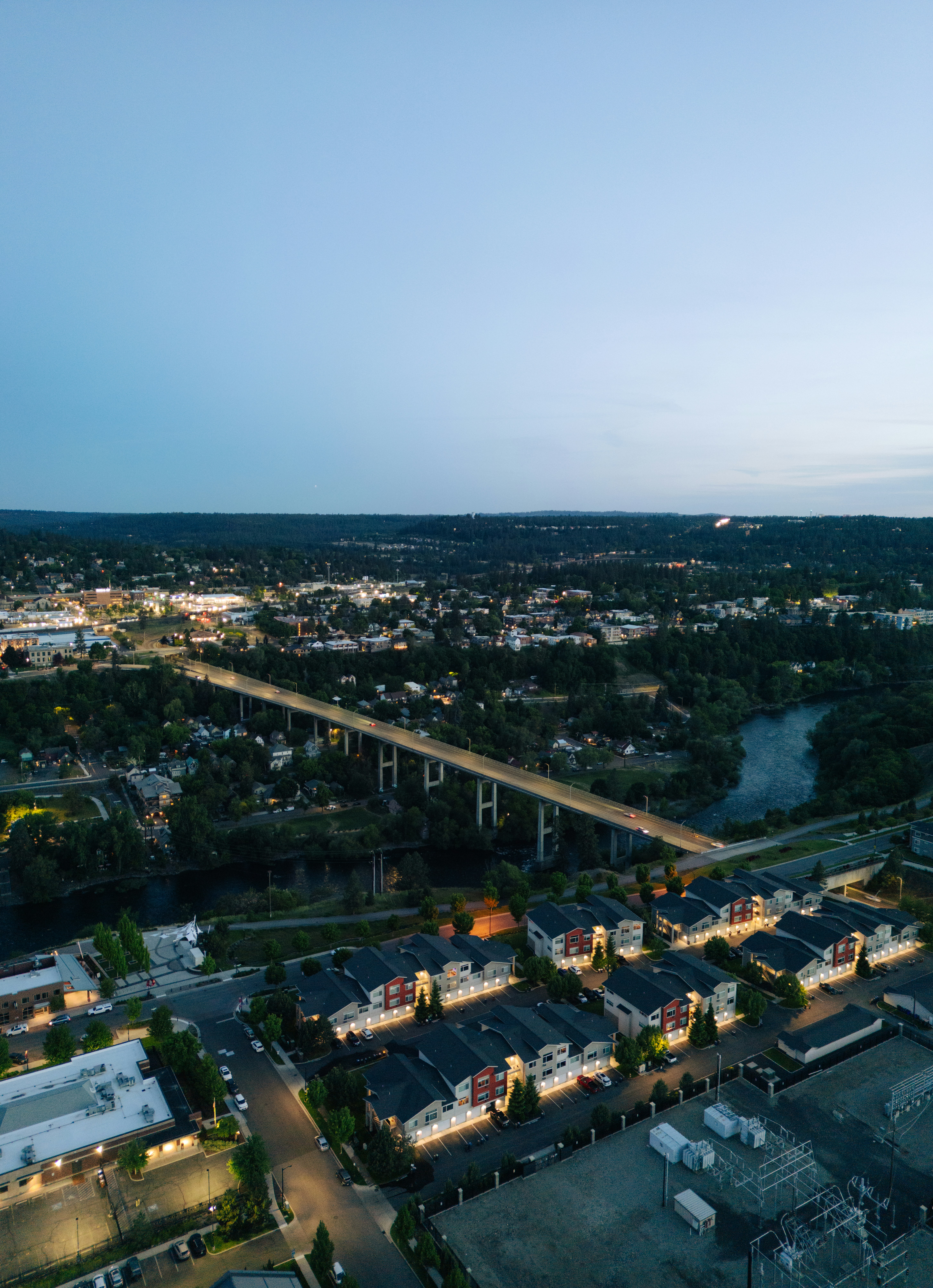 An aerial view of a city at night