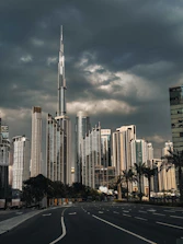A city street with a lot of tall buildings