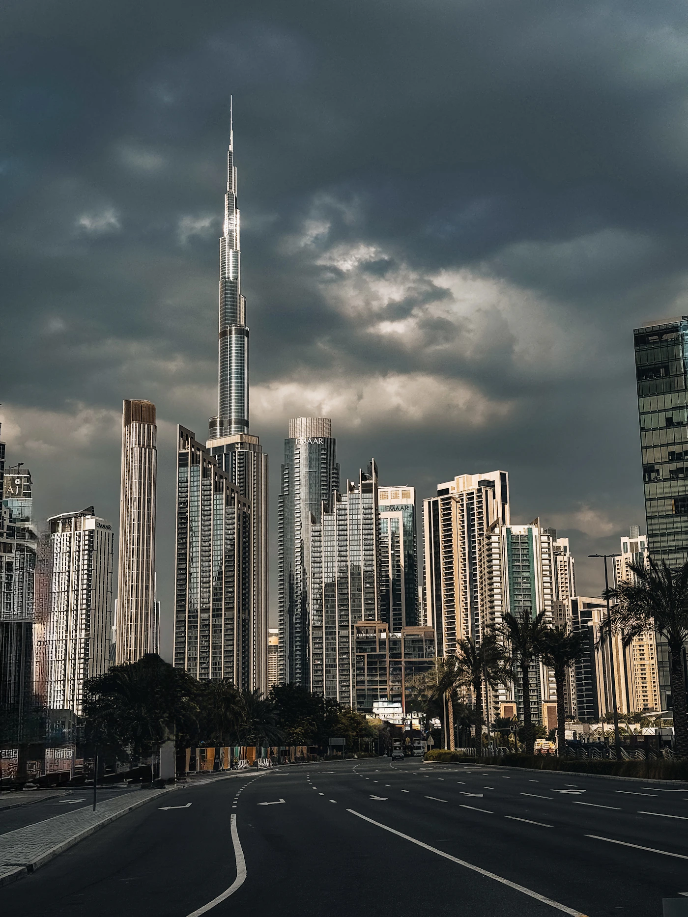 Dubai skyline and business district, dramatic sky
