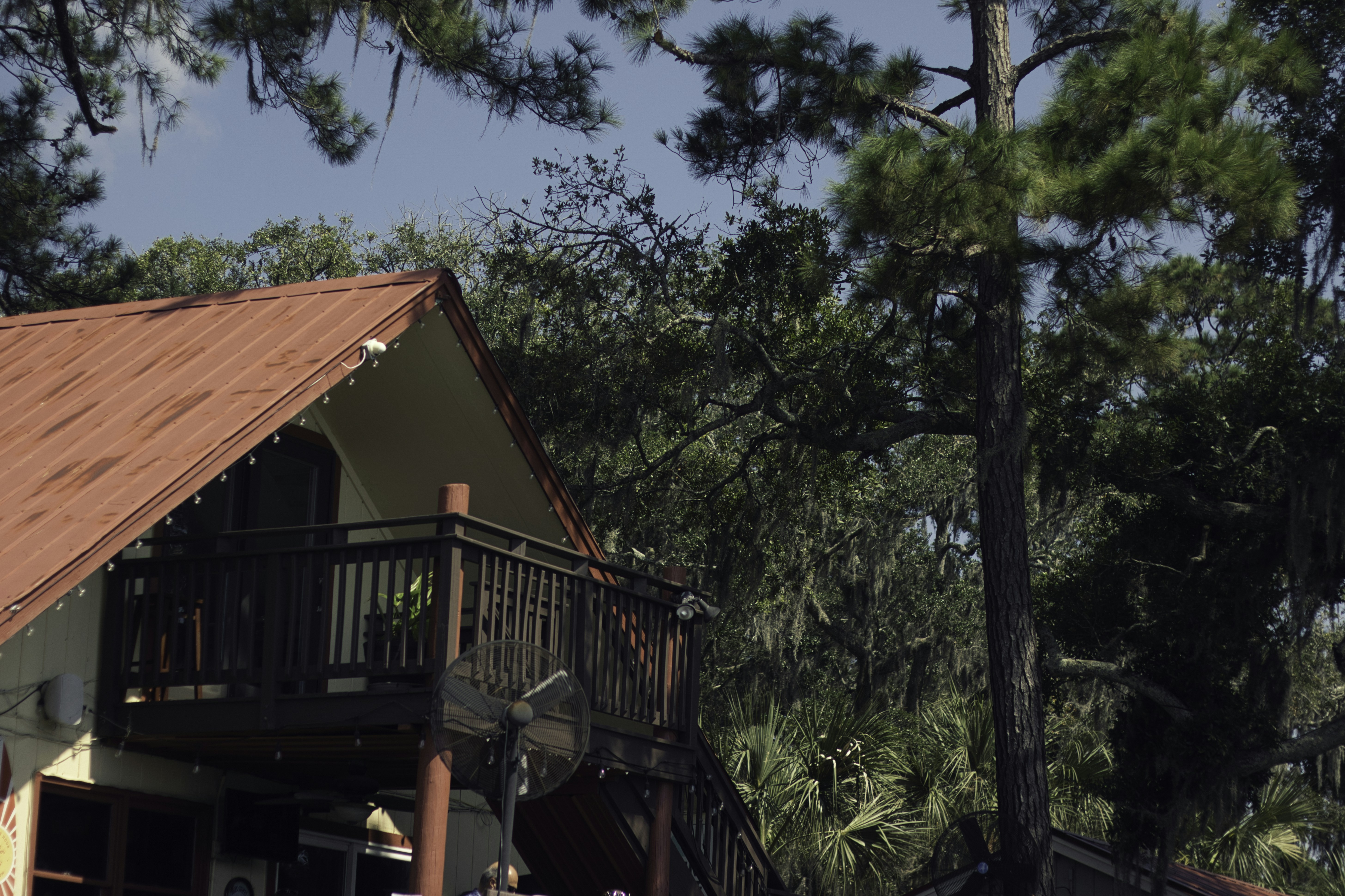 a house with a red roof surrounded by trees