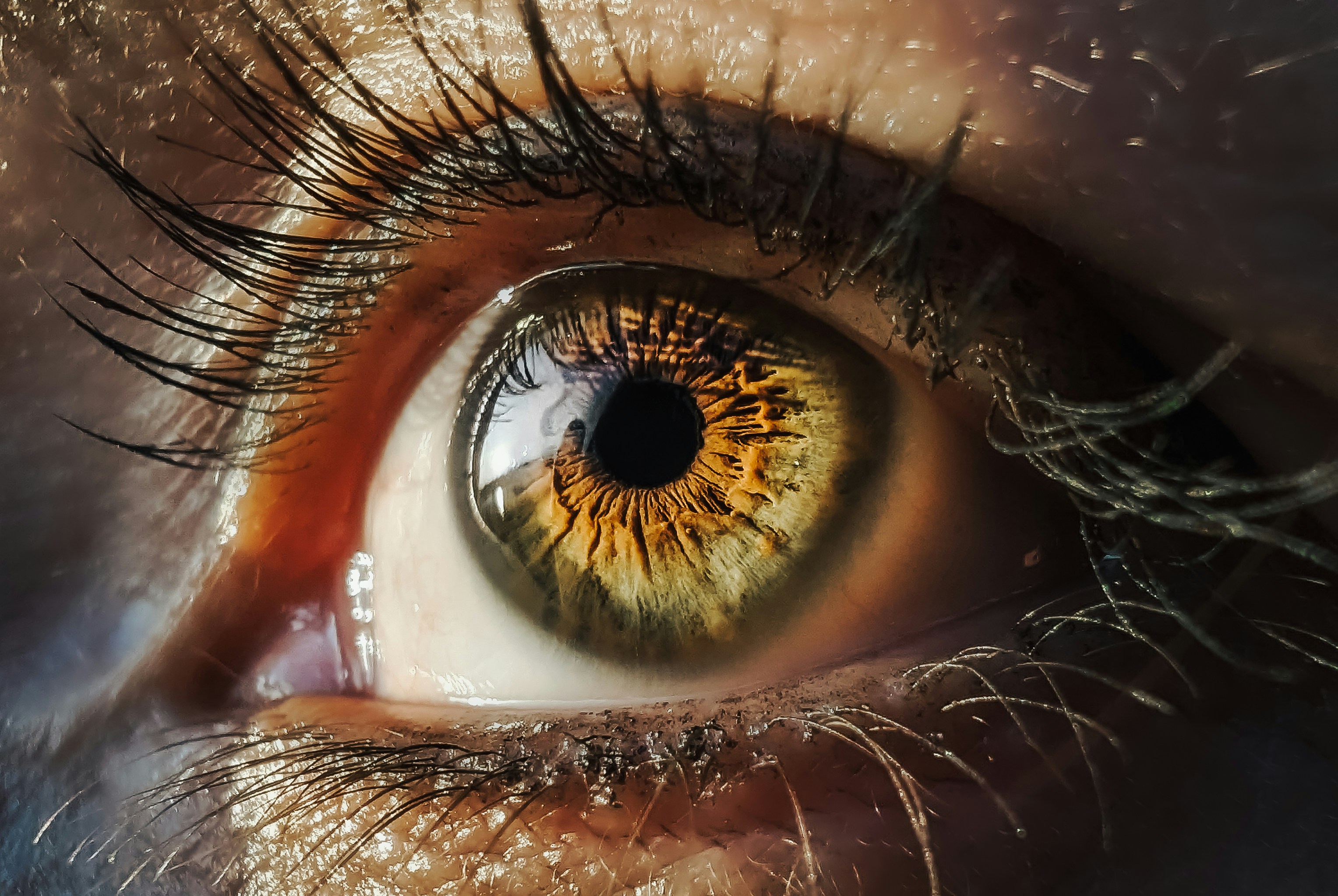 A close up of a person's eye with long eyelashes