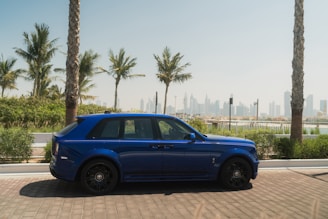 A blue car parked on the side of the road