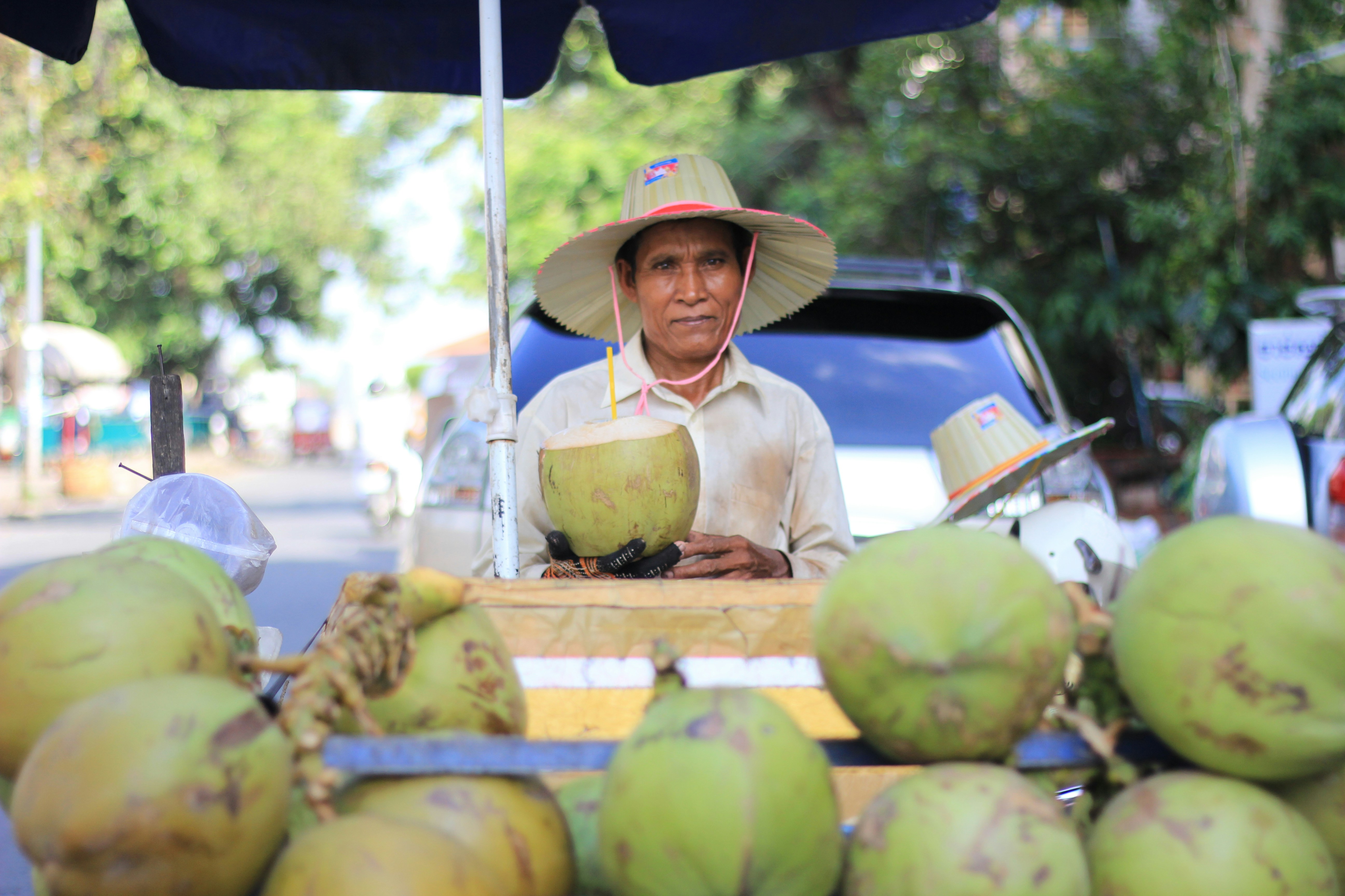 A man sitting under an umbrella selling coconuts
