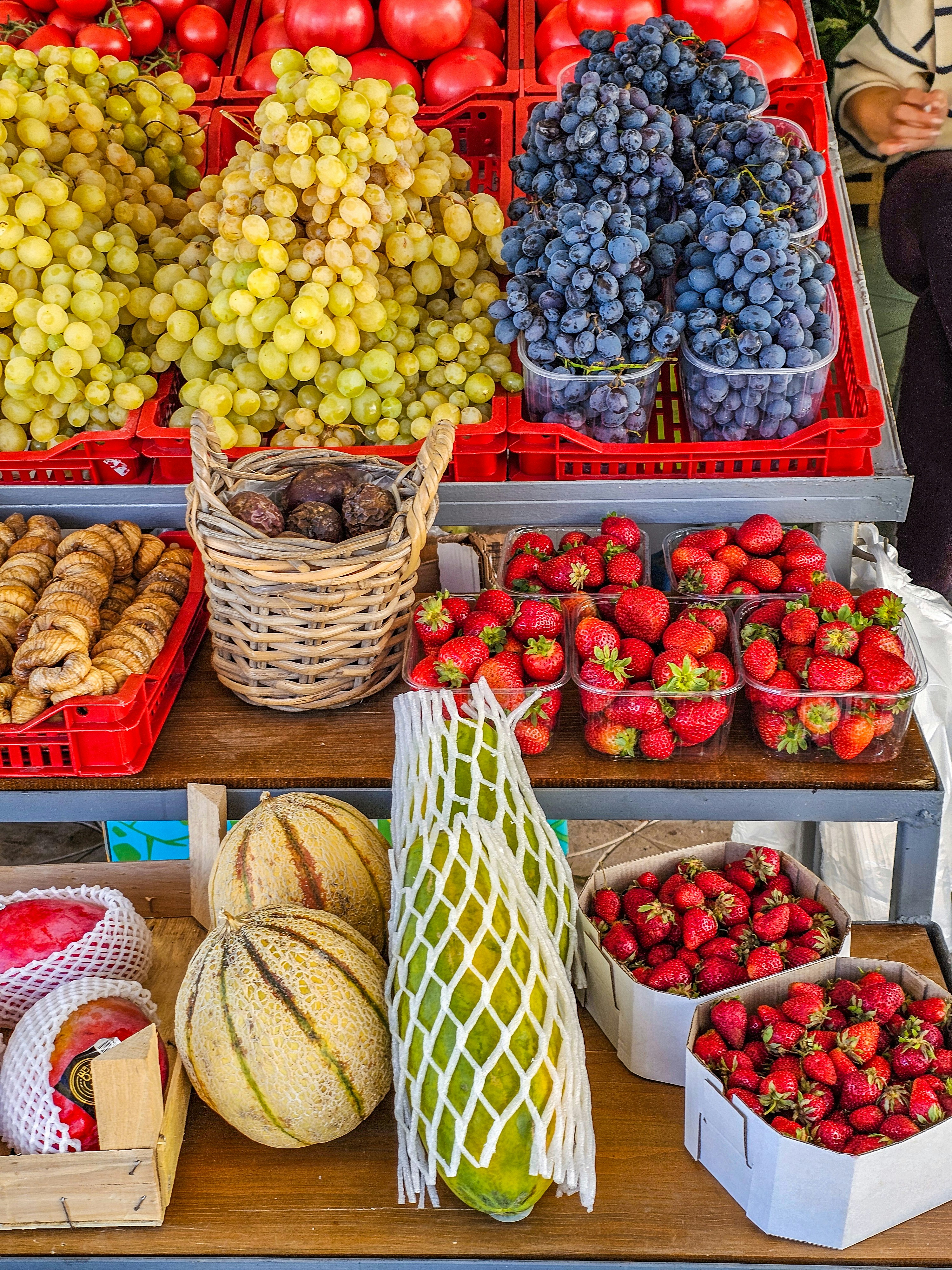 A display of fruits and vegetables on a table