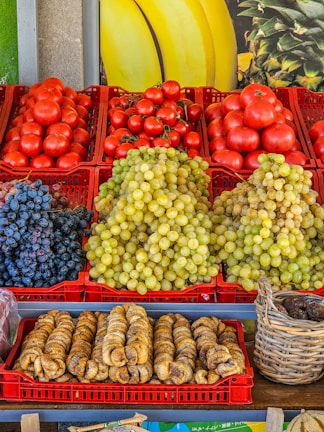 A variety of fruits and vegetables on display at a market