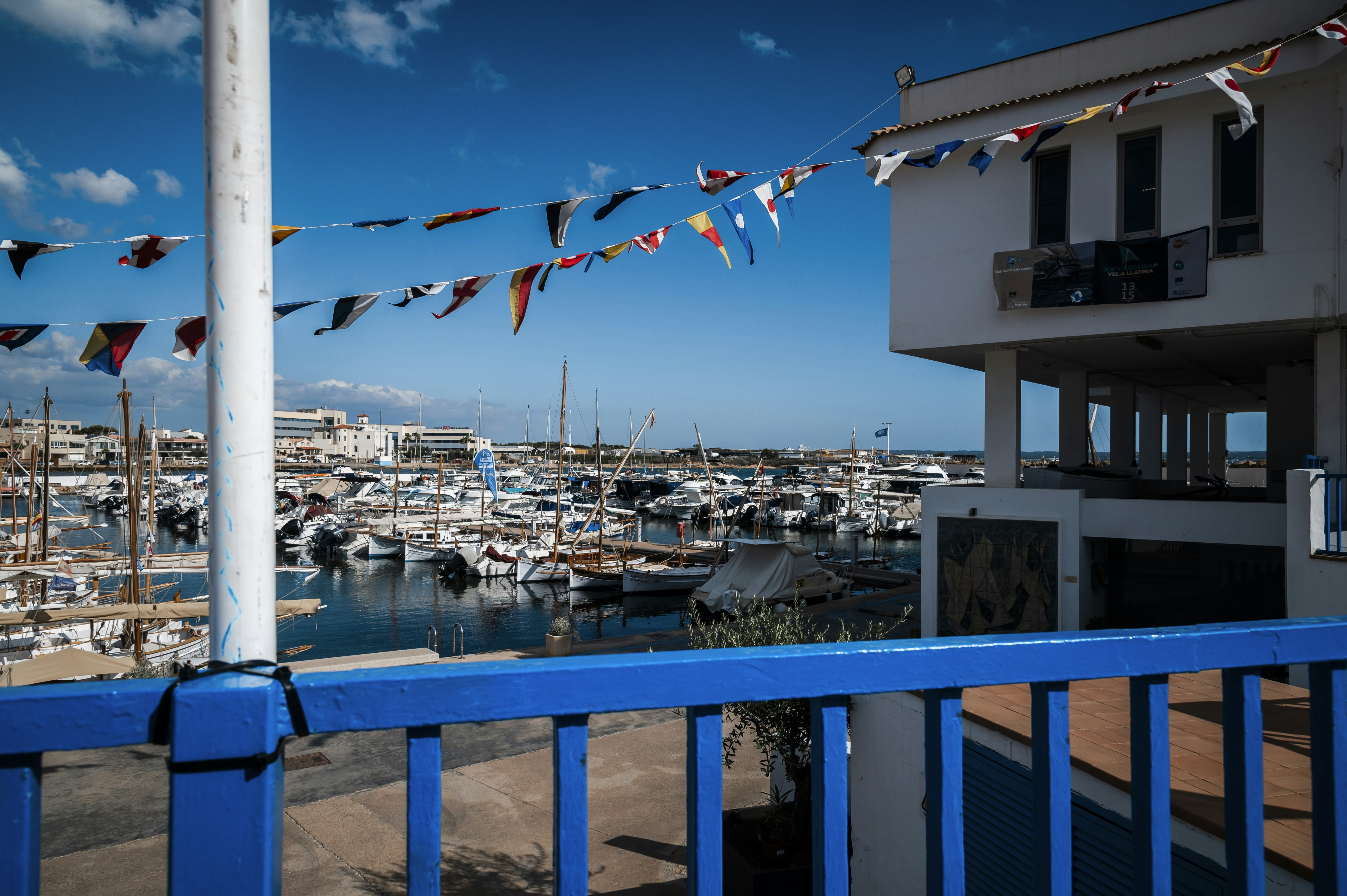 A view of a marina from a balcony