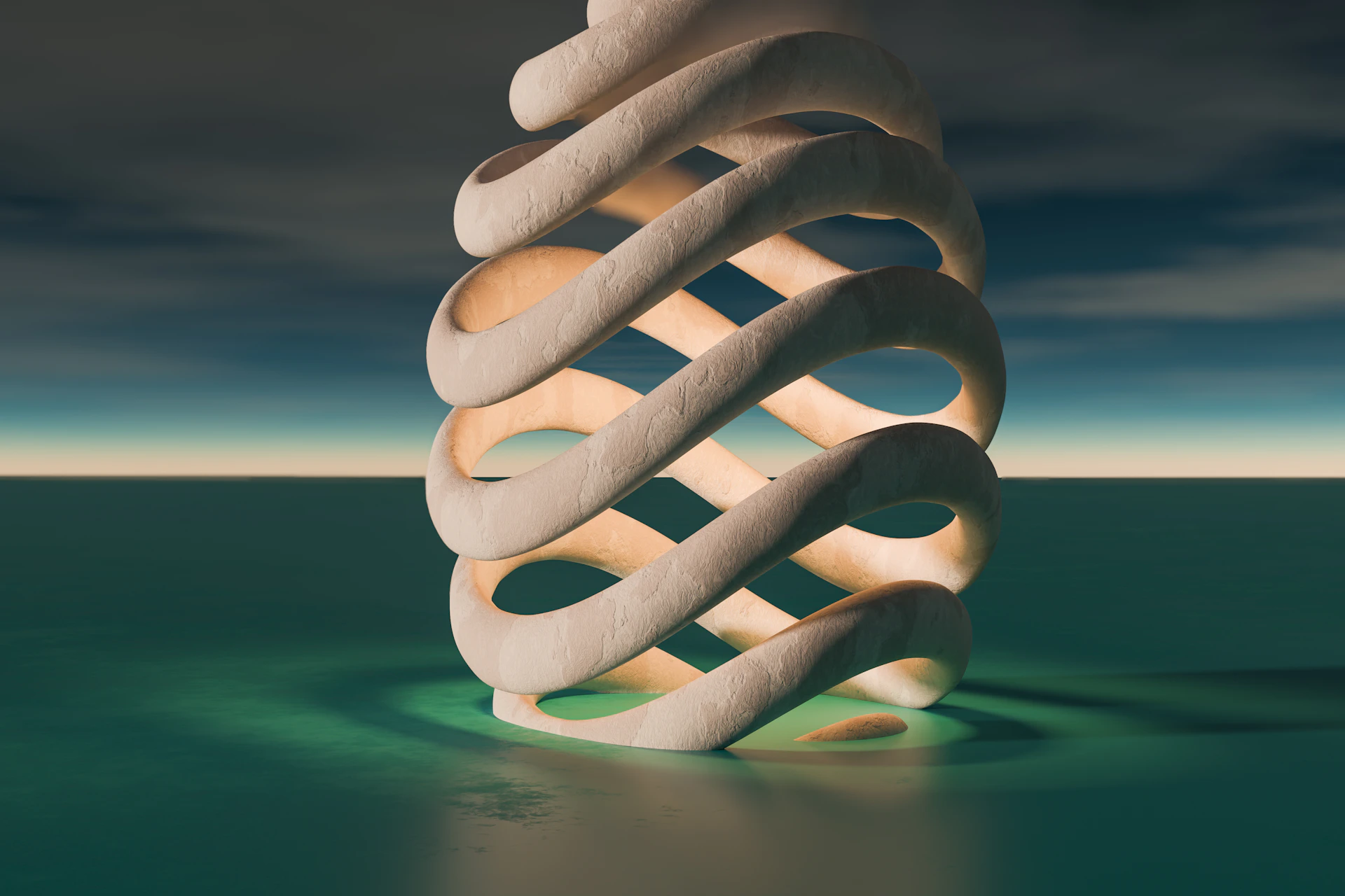 A spiral shaped object floating on top of a body of water