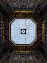 The ceiling of a building with a circular window