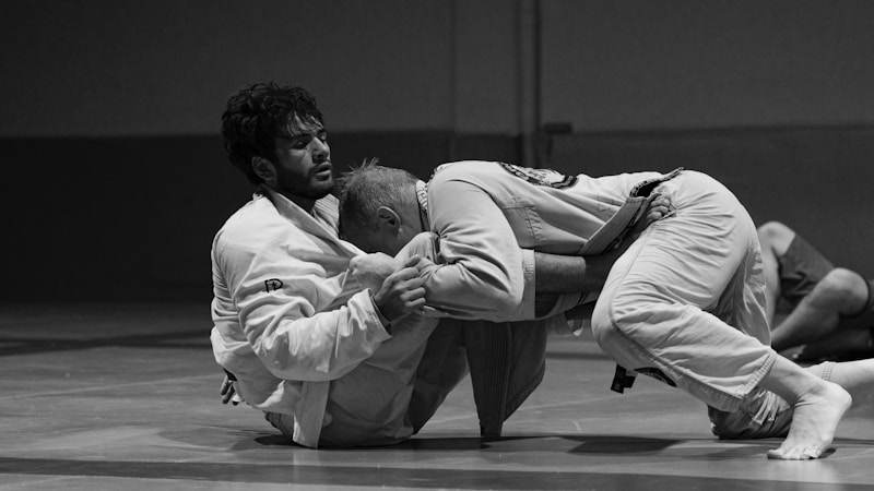 BJJ training session showing grappling techniques in a professional gym setting