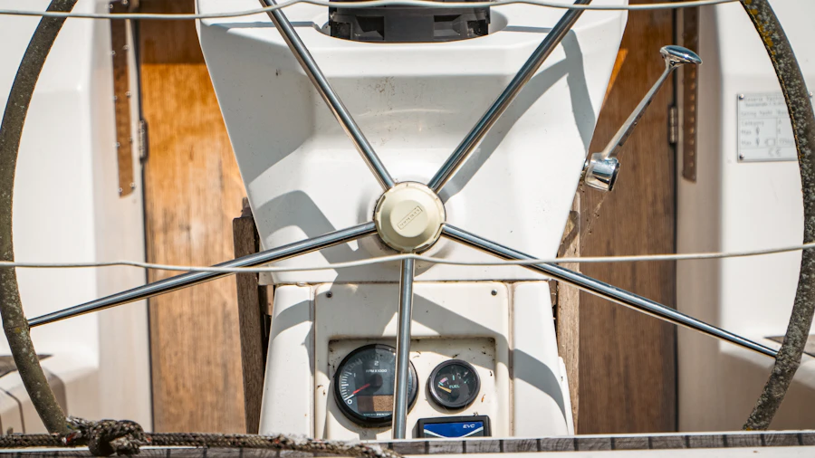 Close up of a steering wheel on a boat